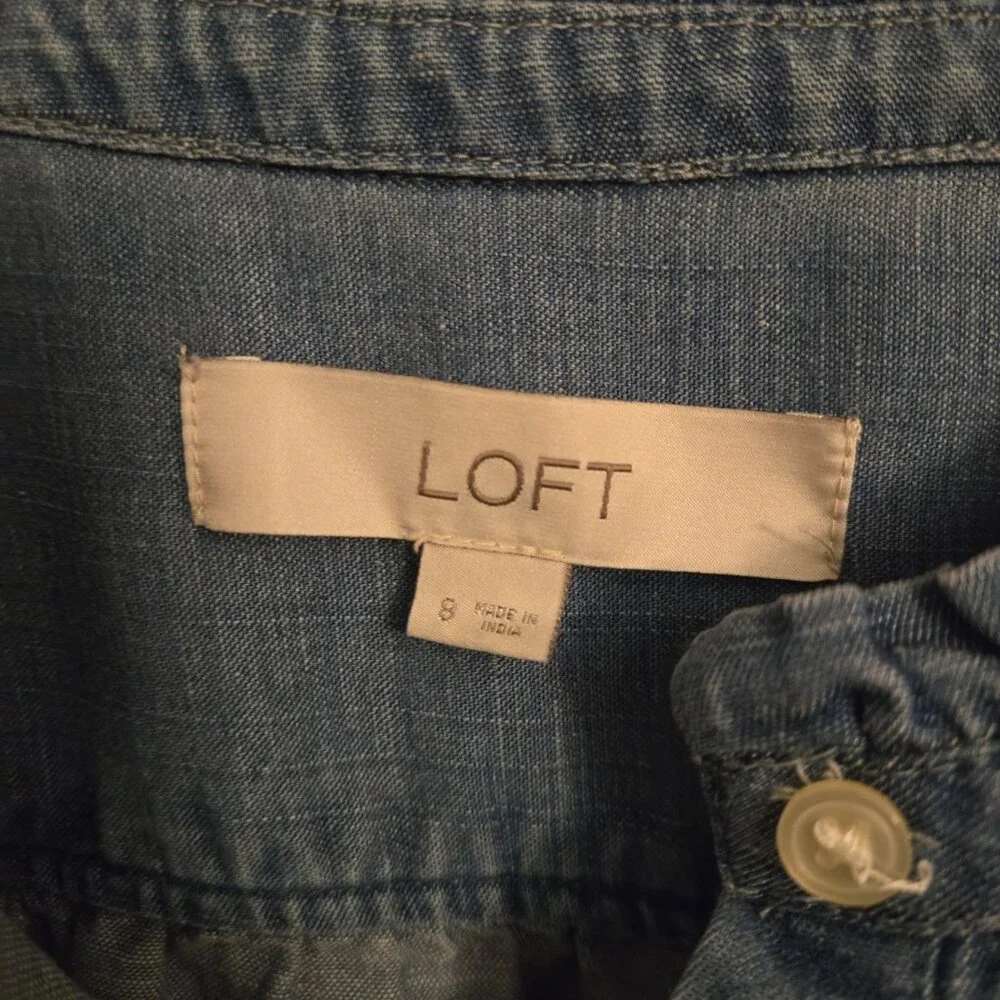 LOFT Chambray Denim Button Front Dress Women’s Size 8 Blue Ruffle Hem - Picture 4 of 4